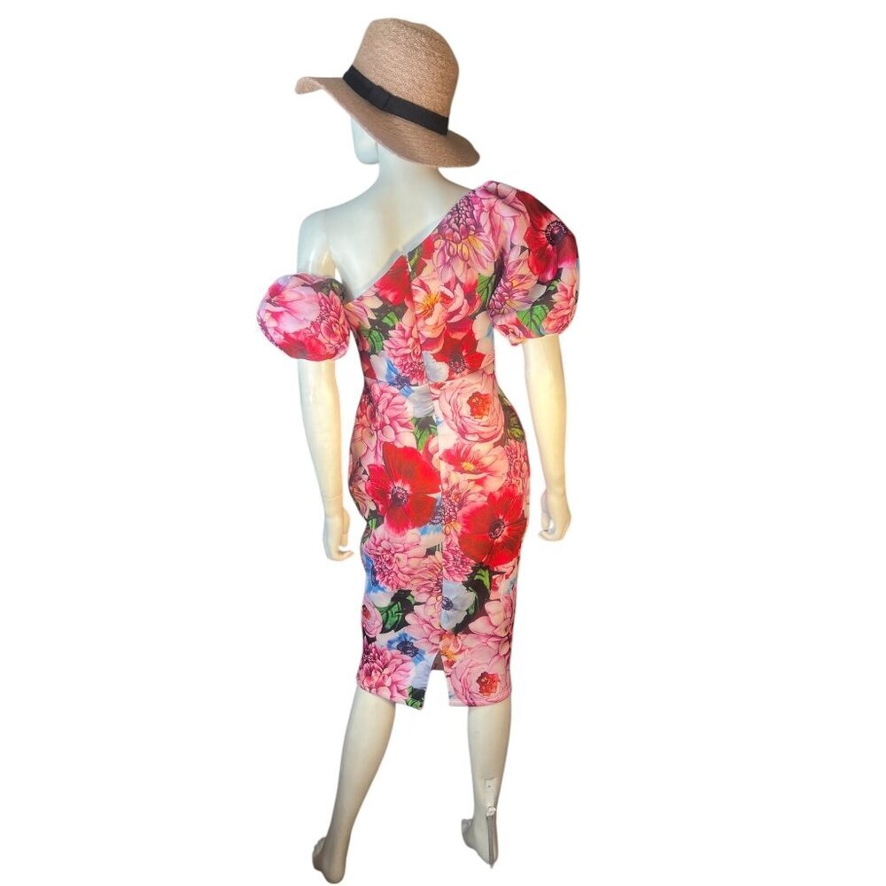 ASOS asymmetrical puff sleeve floral neoprene dress exaggerated hips sz 6 - Picture 5 of 10